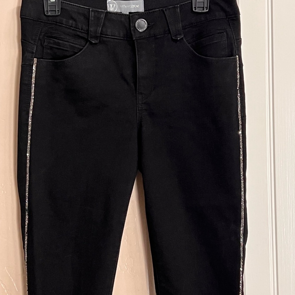 AB-SOLUTION SPARKLE STRIPE FRAY HEM SKINNY JEANS IN BLACK